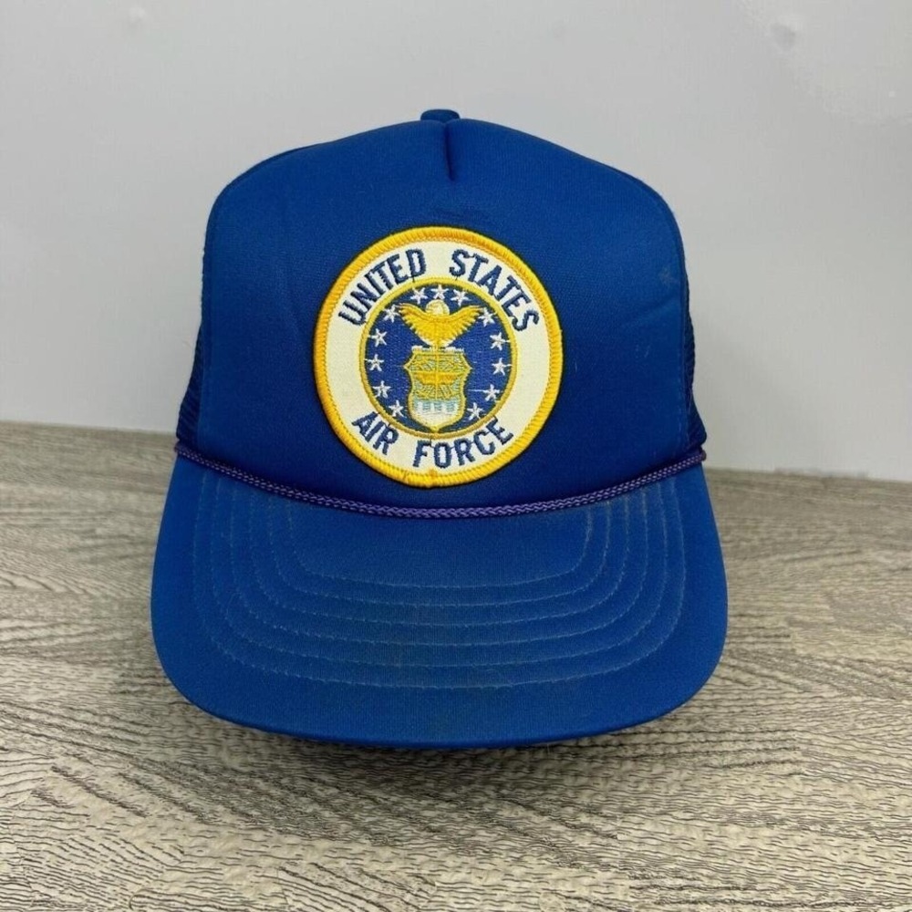 Vintage US Air Force Trucker Hat Cap Snap Back Blue USAF Patch Rope Military